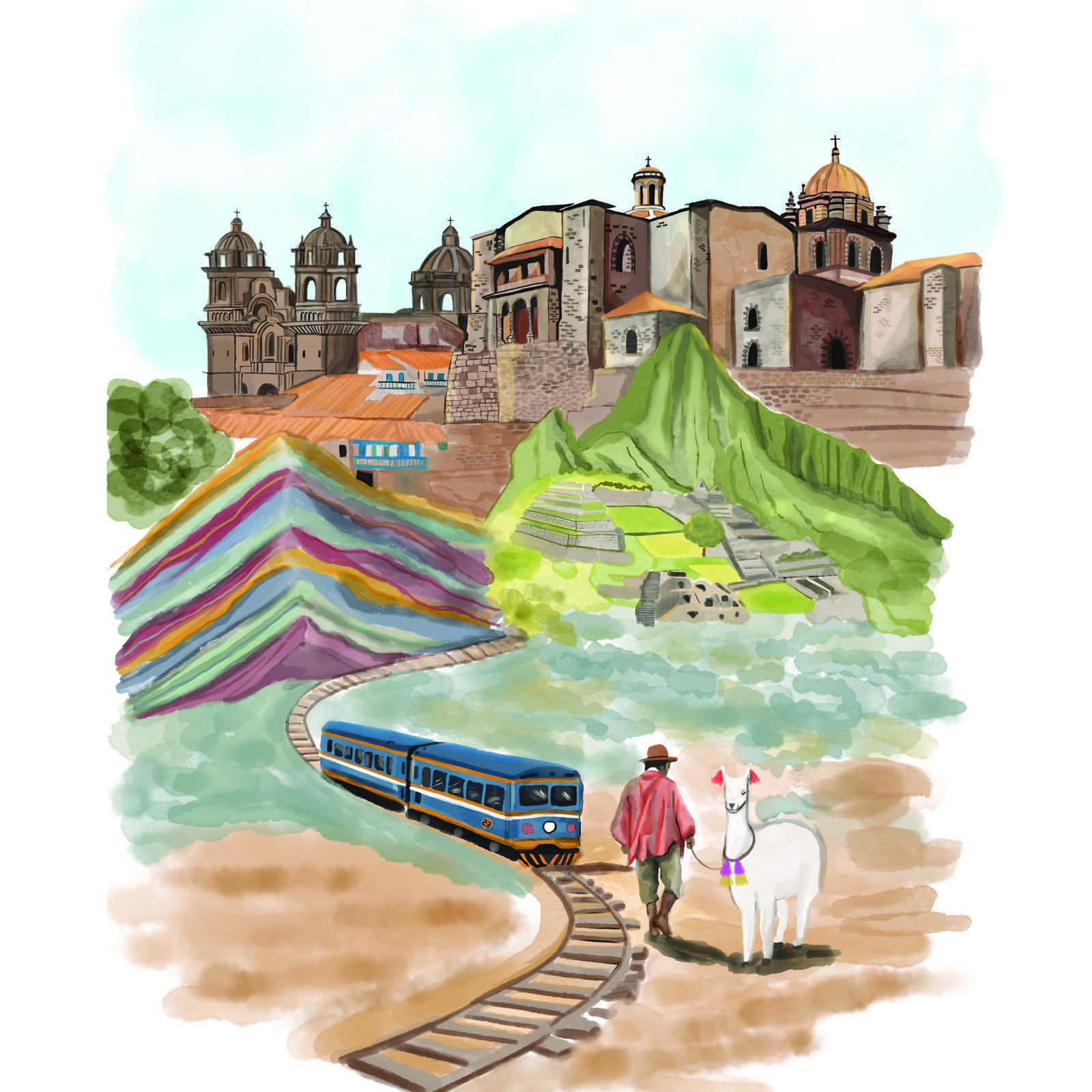 Ilustracion en acuarela: paisaje peruano con montanas, tren, llama y ambiente de Cusco, en tonos tierra y bordes suaves.